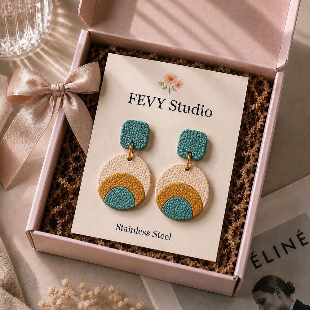 Turquoise Geometric Polymer Clay Earrings, Modern Dangle Gift for Her